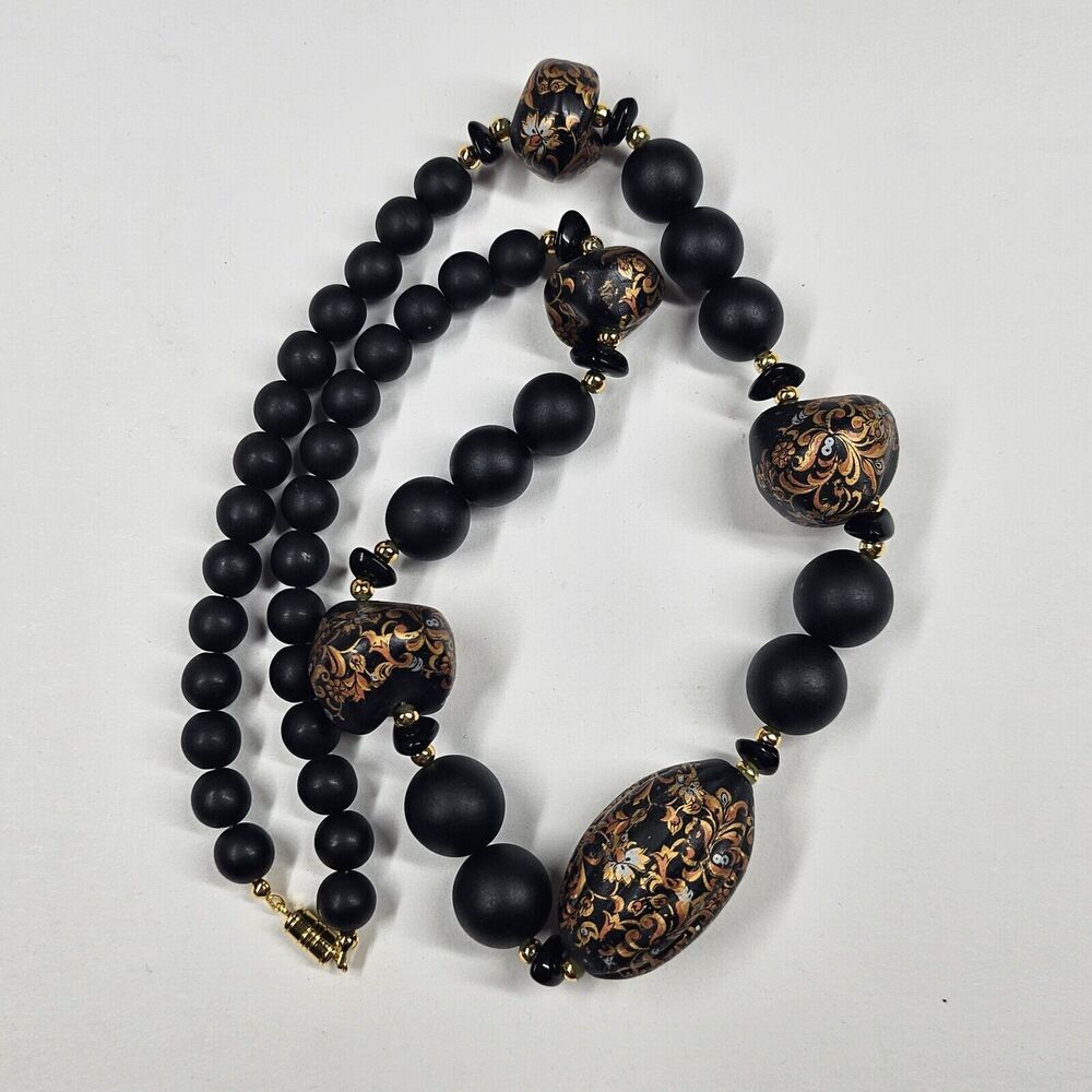 Clay Bead Necklace Matte Black Gold Handpainted Vintage Handmade